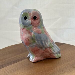 Park Rose Ceramic Owl Figurine blue W/ pink floral design Bridlington England